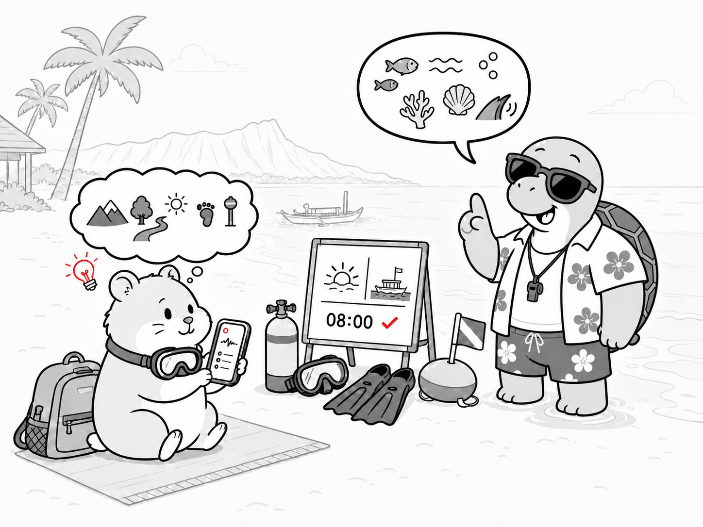 仓鼠在夏威夷海滩录下海龟潜水教练的讲解并获得摘要
