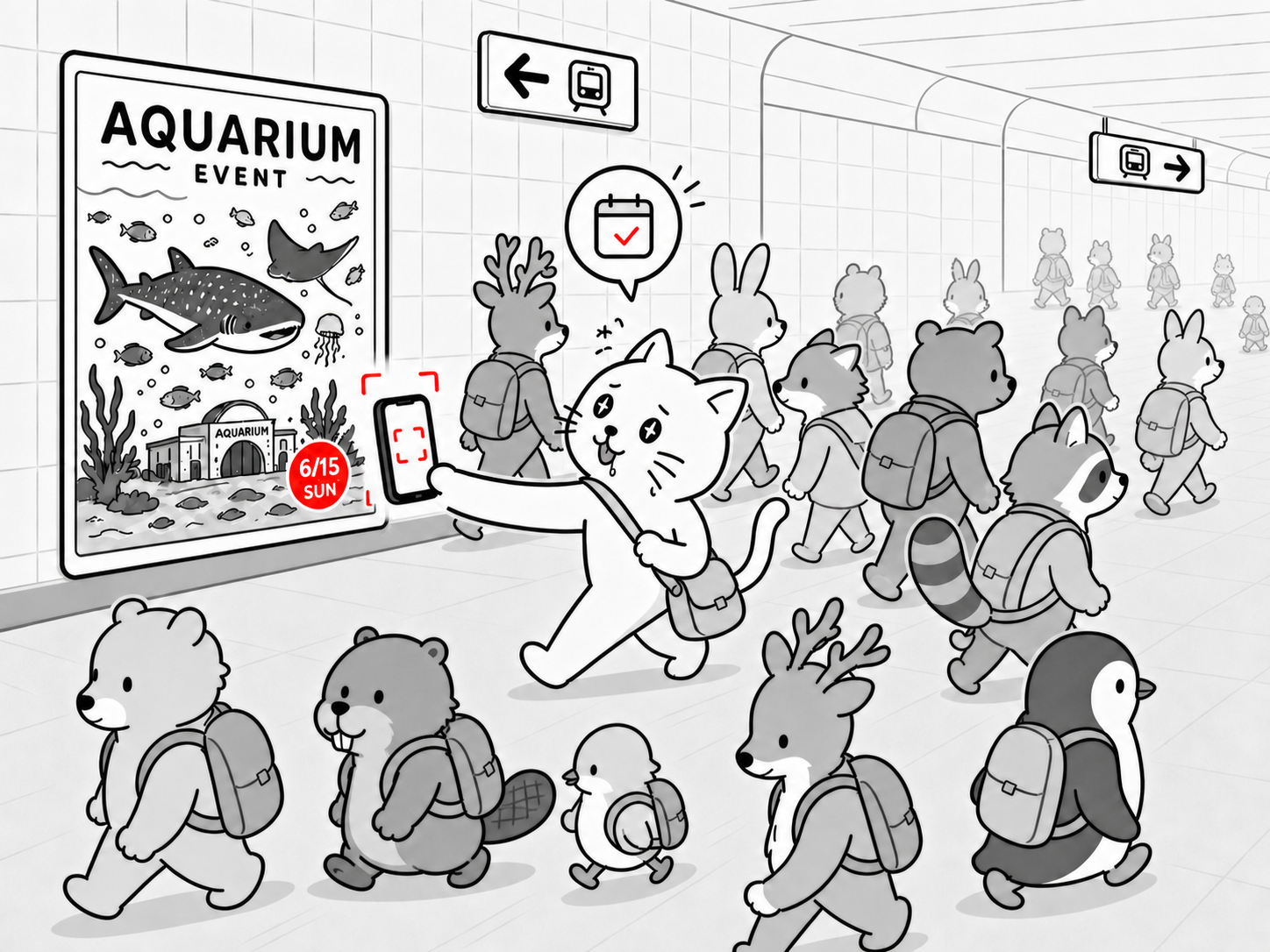 猫在地铁通道中扫描海洋馆活动海报